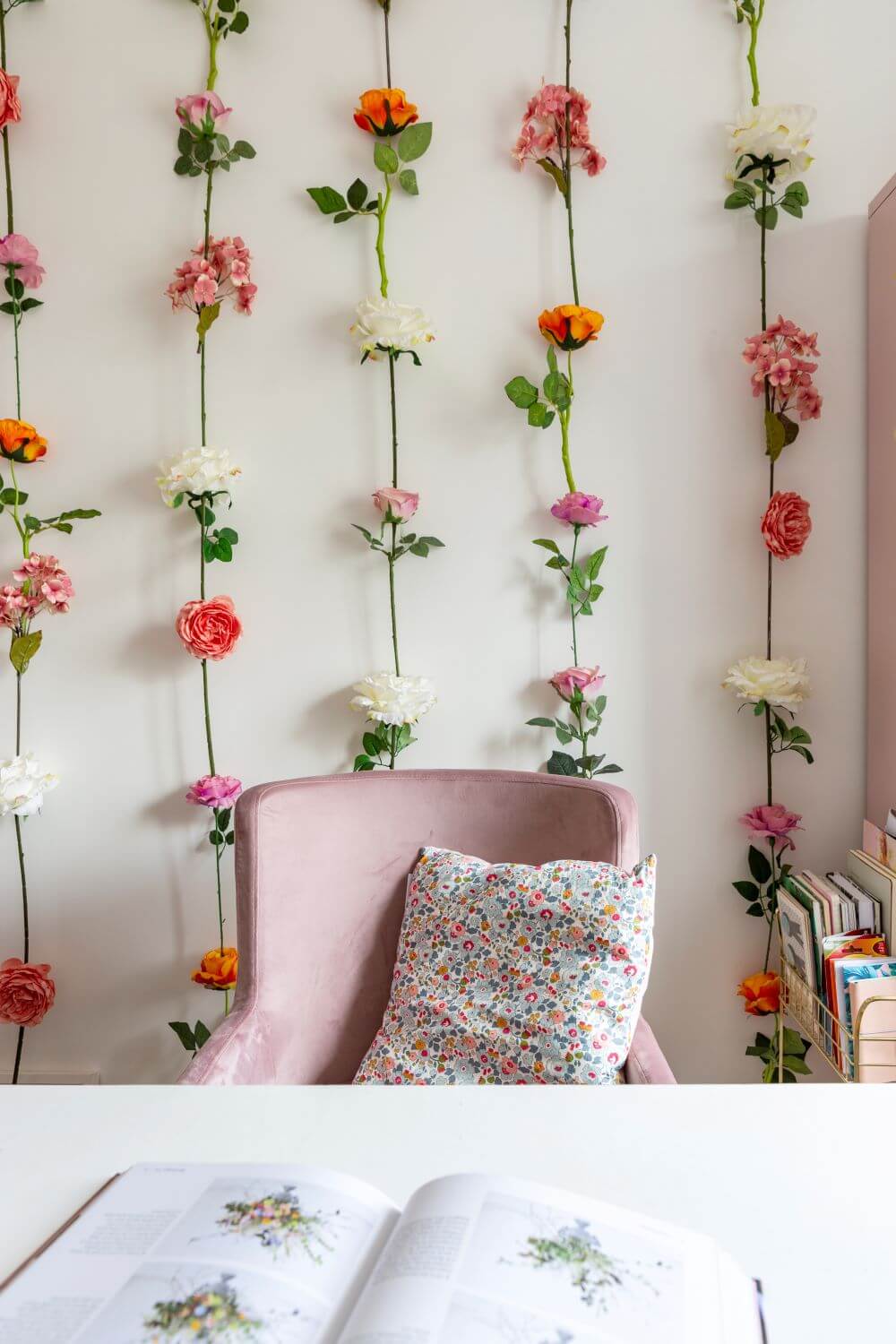 Decorate with Pink Home tour: DIY flower feature wall in the office. Pink chair and white desk situated in front of the feature wall 