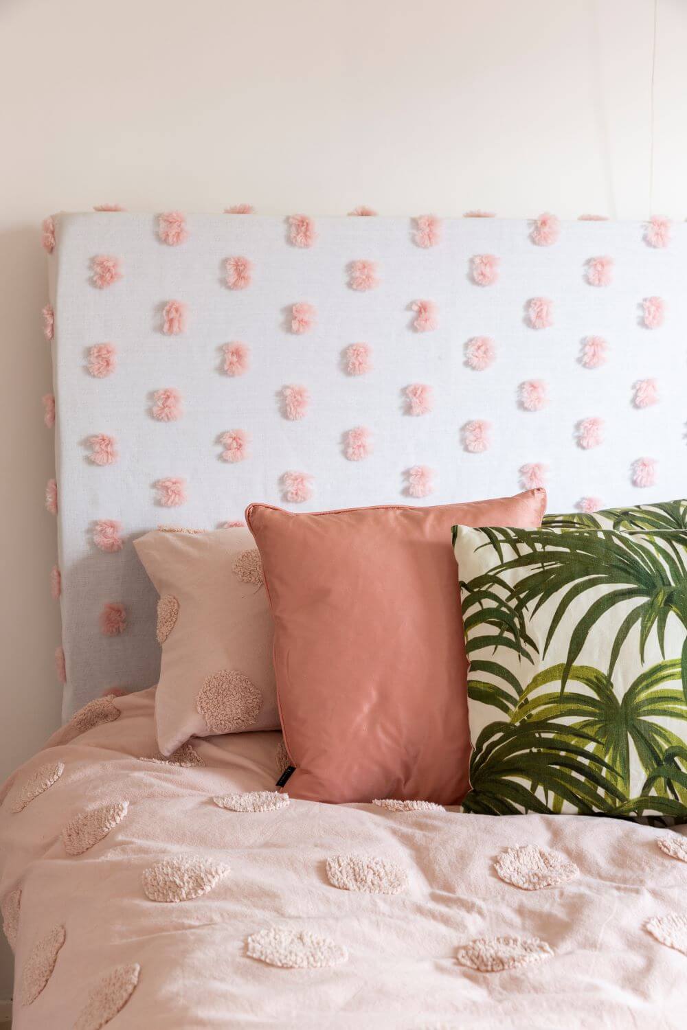 Decorate with Pink Home tour: Master bedroom with diy pom pom headboard and pink curtains
