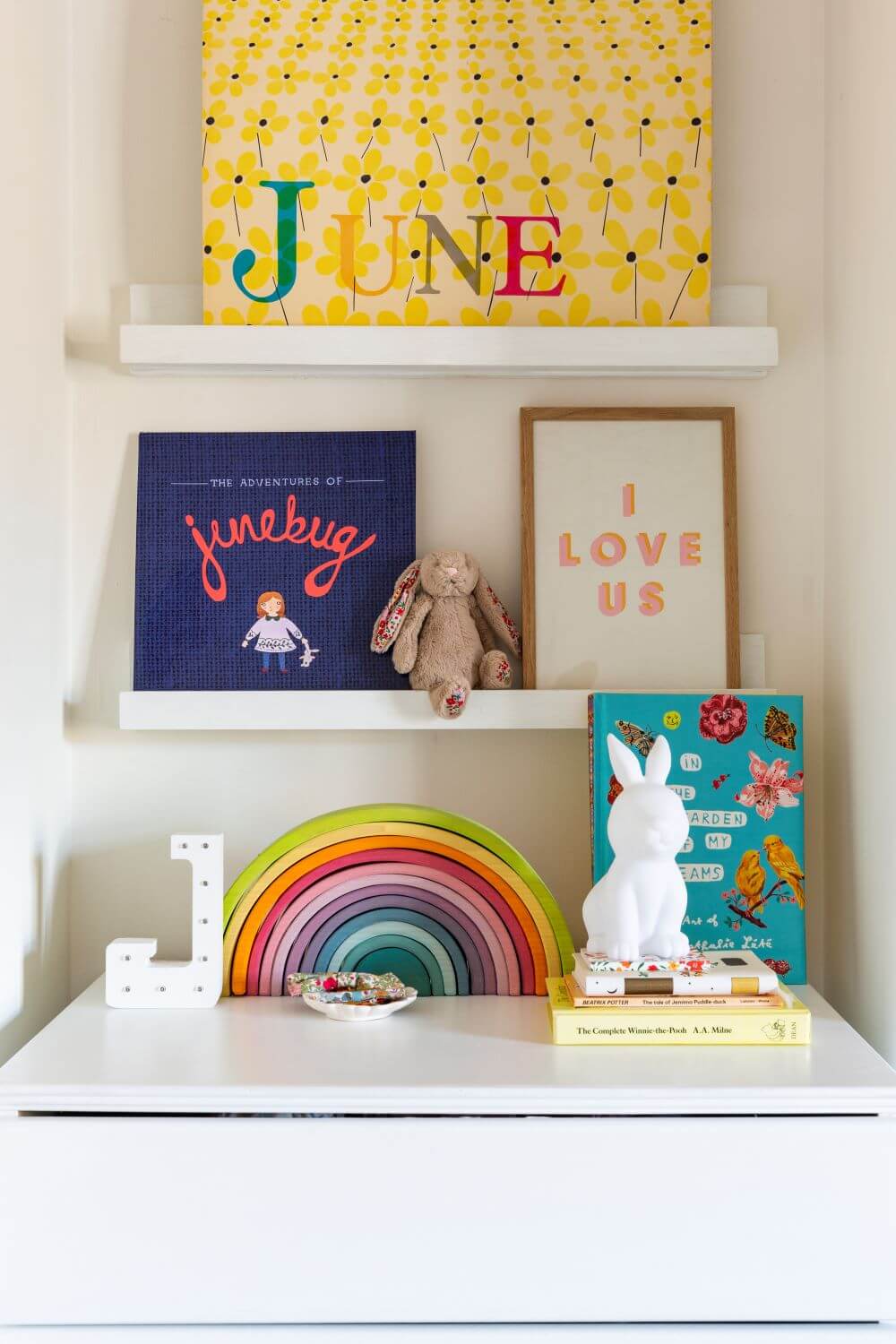 Decorate with Pink Home tour: diy picture shelves ,made form mdf wood and painted white. Styles with colourful decor. 