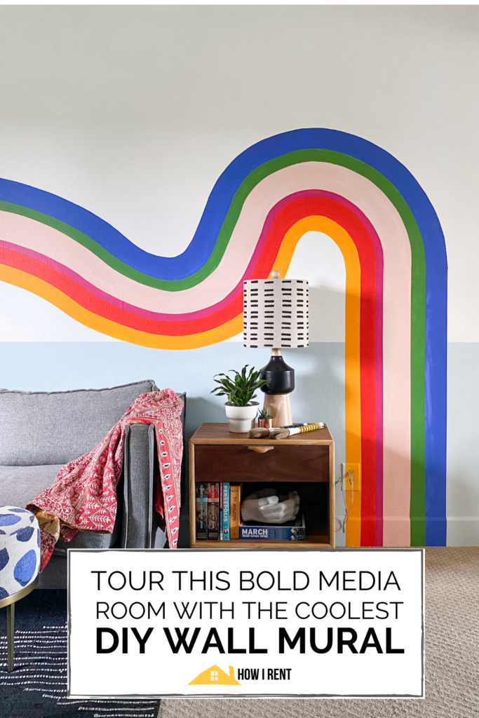 Pinterest graphic for this media room tour withg diy wall mural