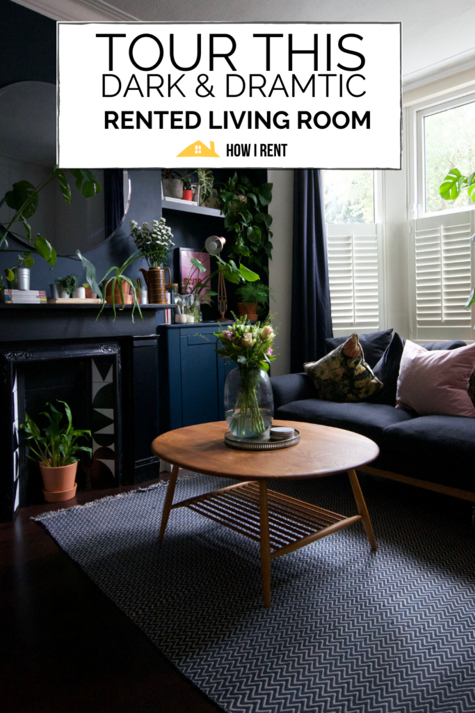 Tour this dark and dramatic rented living room tour pinterest image 
