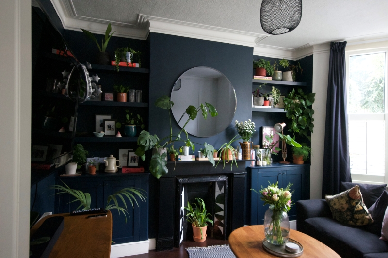 Full view of dark living room with painted walls and alcove shelves and plants 